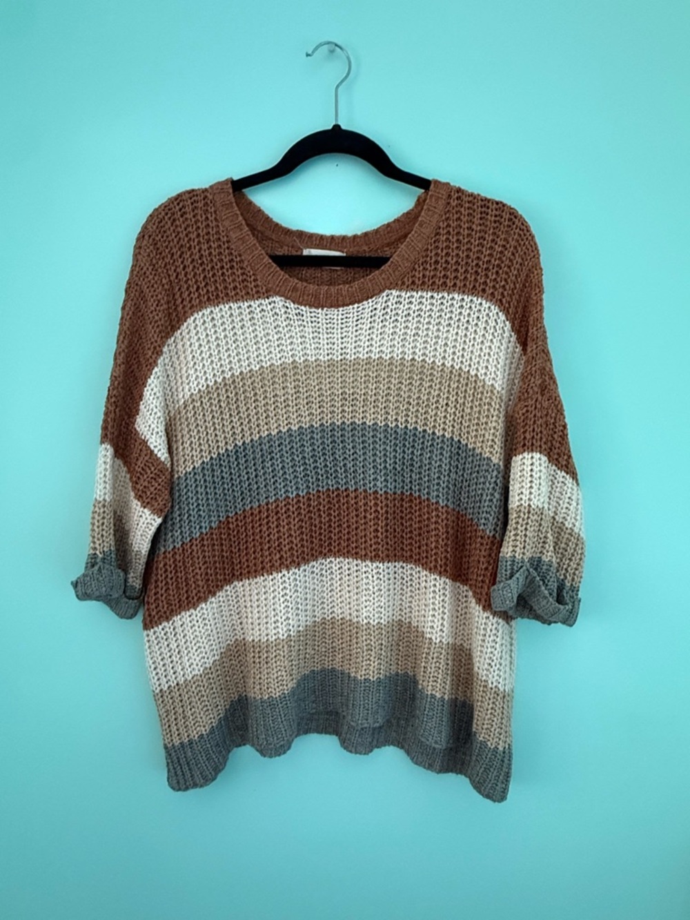 Altar'd State Striped Crewneck Sweater in Brown, Cream & Gray